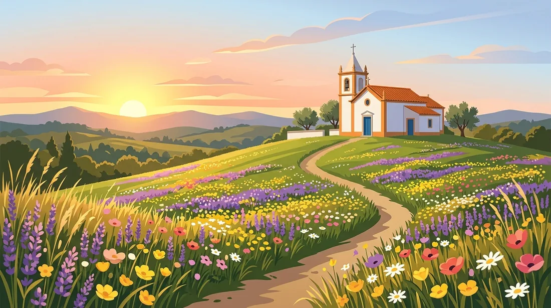 Ilustração gerada pelo Estúdio de Imagem: uma igrejinha branca com torre no alto de um morro, ao amanhecer, com um caminho de terra entre campos de flores.