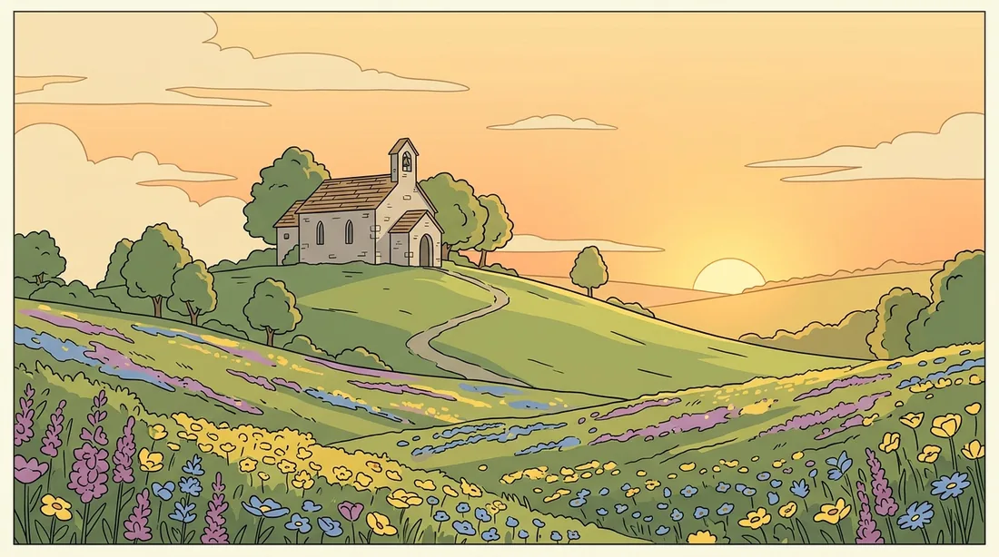 A segunda variação do mesmo pedido: a igrejinha de pedra no alto do morro, em traço de desenho, com o sol nascendo atrás das colinas e flores no primeiro plano.